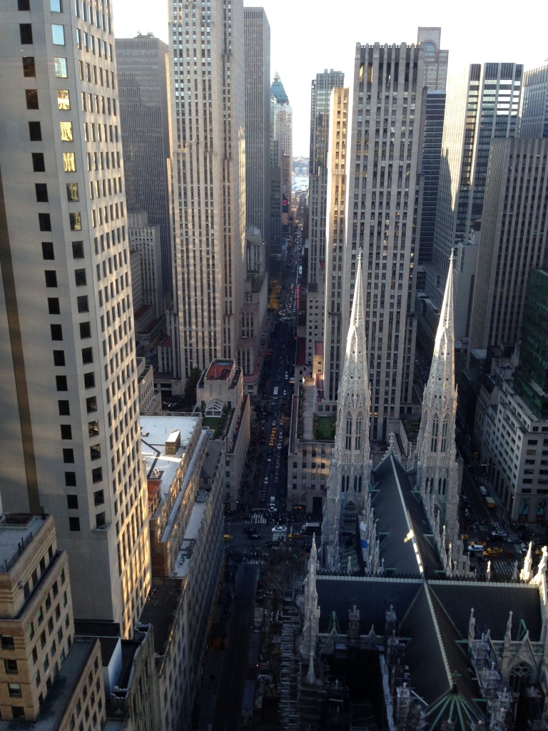 View from the New York Palace: St Patrick's Cathedral, the Hudson River and the Christmas Tree at Rockefeller Center
