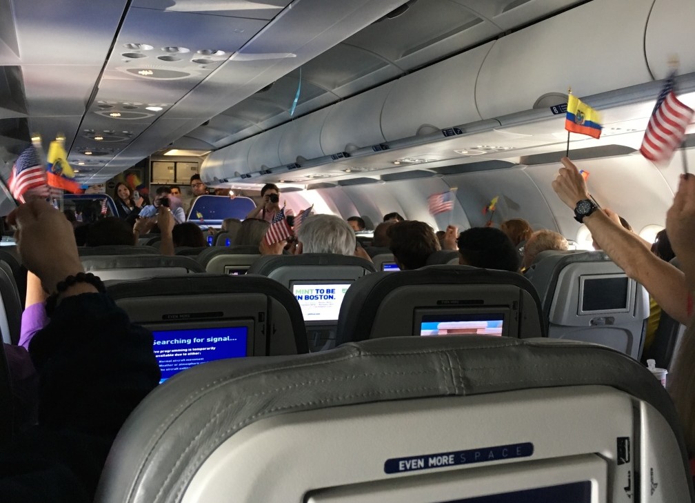 U.S. and Ecuadorian flags flying aboard the Airbus A320